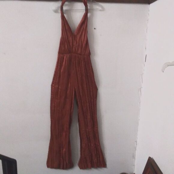 Fashion Nova Jumpsuit Seleste Satin Halter Backless Silky Soft Wide Leg Copper M - Picture 8 of 11